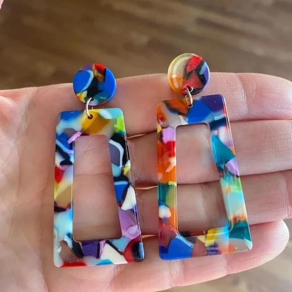 Colorful Geometric Earrings Blue Purple Red Yellow Green Black -Very Lite weight - Picture 2 of 3